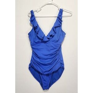 Lauren Ralph Lauren Women's Beach Club Solid Blue Ruffle Trim Swinsuit Size 10